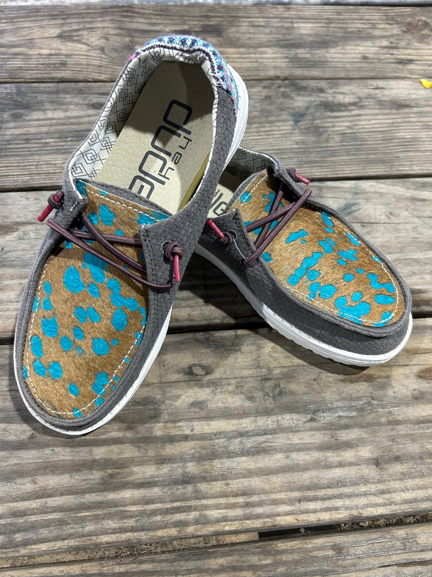 Brown and Turquiouse Spot Hey Dudes Size 7